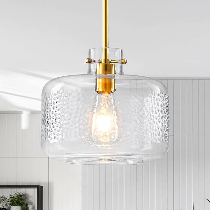 WILON Gold Pendant Lights Kitchen Island, Embossed Clear Glass Chandelier Pendant Light Fixture, Industrial Round Ceiling Pendant Light Fixture for Dining Room Kitchen Island Foyer Entryway(Brass)