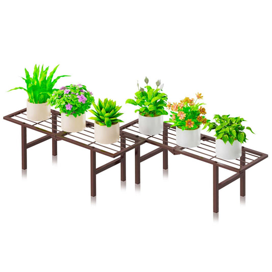 jsyonii 2 Pack Metal Plant Stand Outdoor Indoor, 1 Tier Folding Tiered Flower Plant Shelf, Heavy Duty Ladder Multiple Pot Display Plant Rack for Patio Garden Balcony Windowsills, Brown