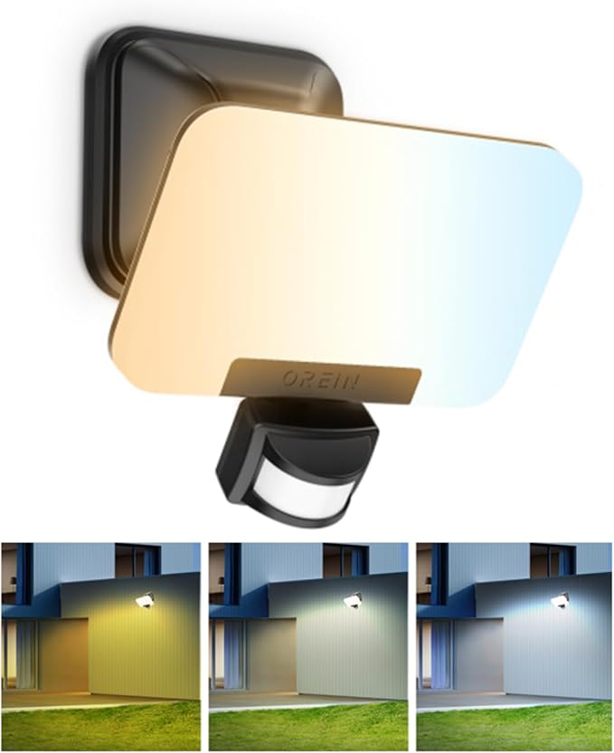 OREiN 3CCT Flood Lights Outdoor 3500LM 35W Motion Sensor Outdoor Lights, 6000K/4000K/2700K LED Security Lights Dusk to Dawn, IP65 Waterproof Motion Sensor Flood Lights for Garage, Yard, 1 Pack
