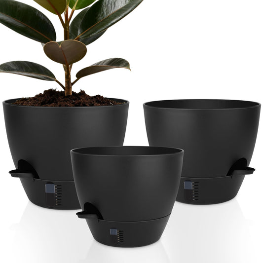 QRRICA Self-Watering Plant Pots with Water Level Indicator, Drainage Holes & Saucers – 12/10/9 Inch Large Plastic Planter Set for Indoor & Outdoor Plants (Pure Black)