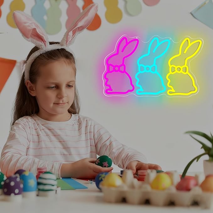 Easter Neon Sign Bunny Neon Light for Bedroom Home Three Rabbits Neon Window Lights Bunny LED Signs Easter Decor for Wall Cute Bow Rabbits Tabletop Decorations for Party