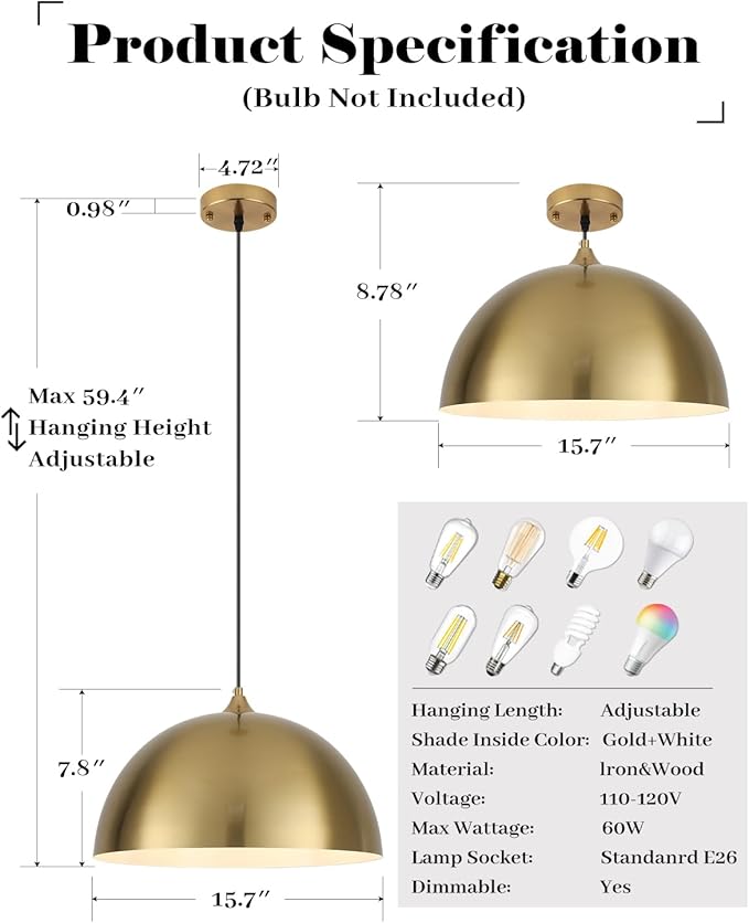 Gold Pendant Lights Kitchen Island, 16 Inch Gold Dome Pendant Light, Modern Farmhouse Pendant Light for Kitchen Island, Dining Room, Cafe, Bar, 2 Pack