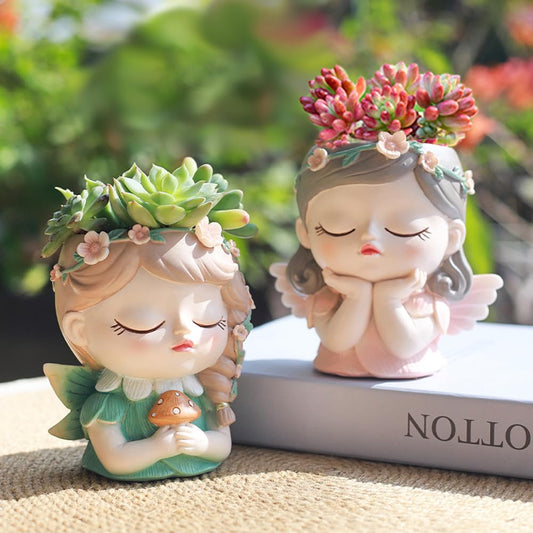 Argofox Small Angel Girl face Succulent Plant Pots kit 2 Pack with Drainage Hole Indoor Cactus Pot Unique Cute Flower Vases Decor with Girl Face Container Planter Chic Gardening Lover
