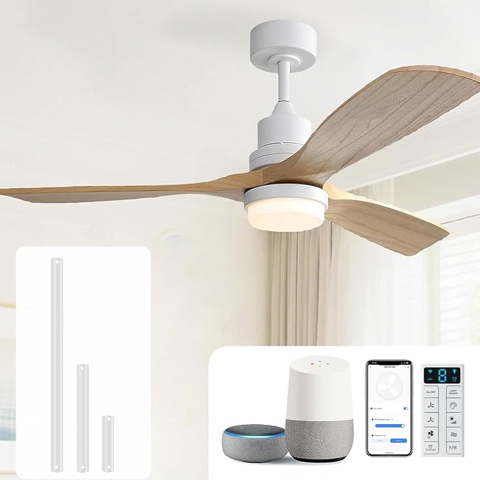 Sofucor 52 Inch Smart Ceiling Fans with Lights and Alexa/Google Assistant/APP/Remote Control-Modern Solid Wood Outdoor 3 Blades Ceiling Fan for Bedroom Living Room Indoor Farmhouse Patio, Natural Wood
