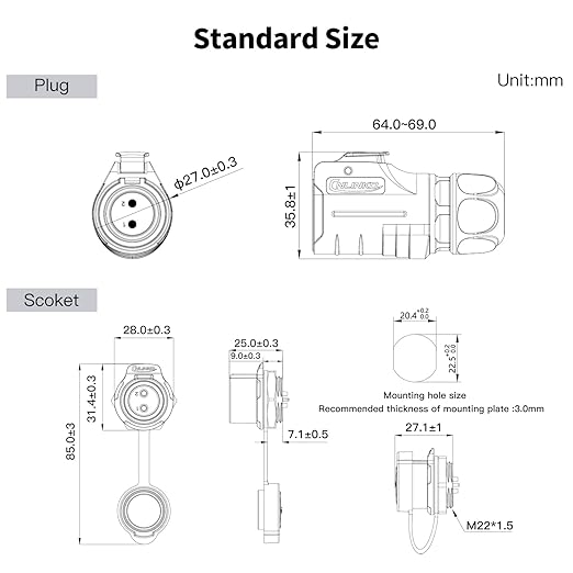 CNLINKO LP-20 2 Pin IP68 Waterproof Connector M20 Male Plug Female Socket Fast Locking 2-12 Pin Circular Connector for Stage Lighting Solar Panel Wiring(2 Pin)