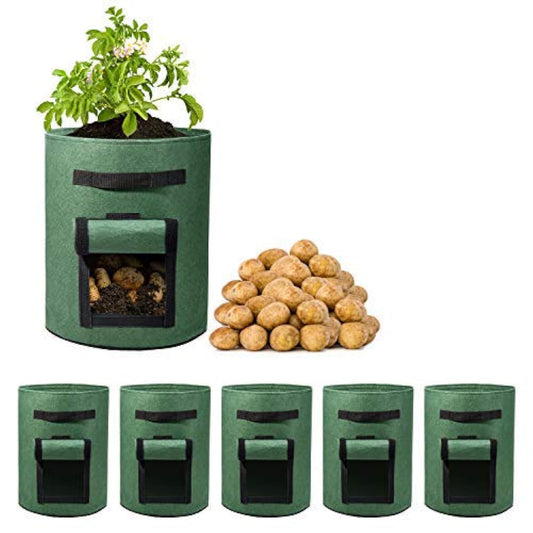 Delxo 5 Pack 7 Gallon Potato Growing Bags, Planter Garden Grow Bags with Flap, Double Layer Breathable Nonwoven Cloth for Planting,Vegetable,Tomato,Aeration Fabric Pots with Handles Green