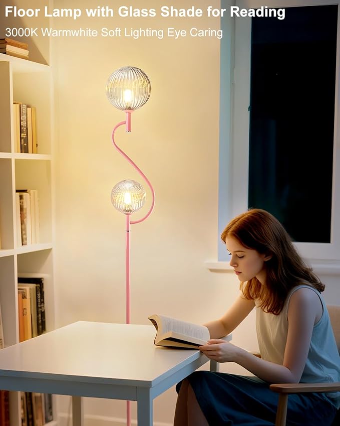 Lightdot Pink Floor Lamp, Mid Century Tall Standing Lamps with Globe Clear Glass Shade Soft Warm White Bulbs Included, Modern Unique Floor Lamp for Living Room/Bedroom/Sofa Beside/Corner Decor