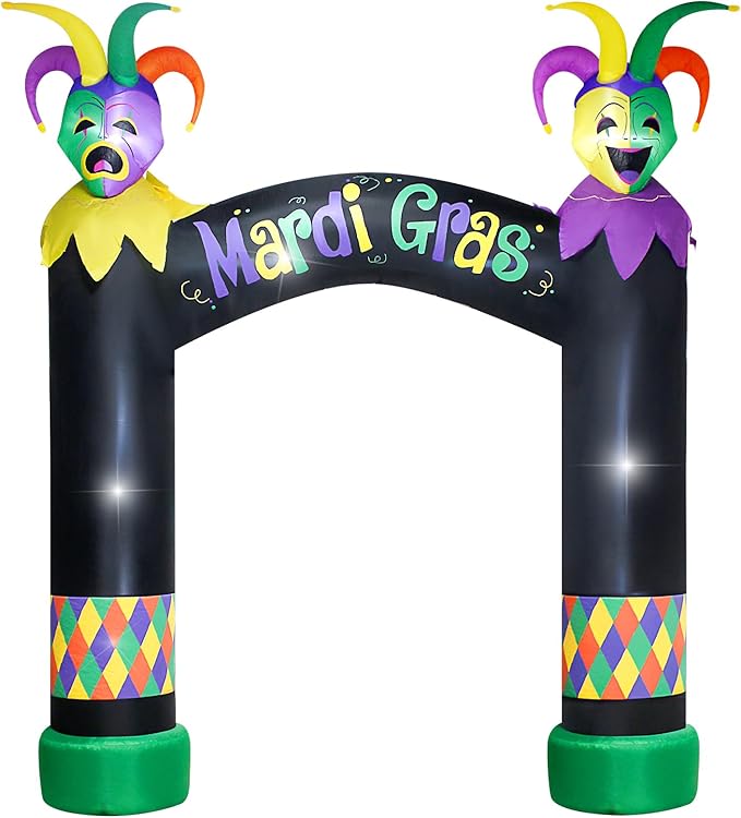10FT Mardi Gras Inflatable Arch with LED Lights - Easter Blow Up Outdoor Decoration, Jester Mask Archway for Party/Yard/Garden/Lawn, Built-in Sandbags & Easy Set up