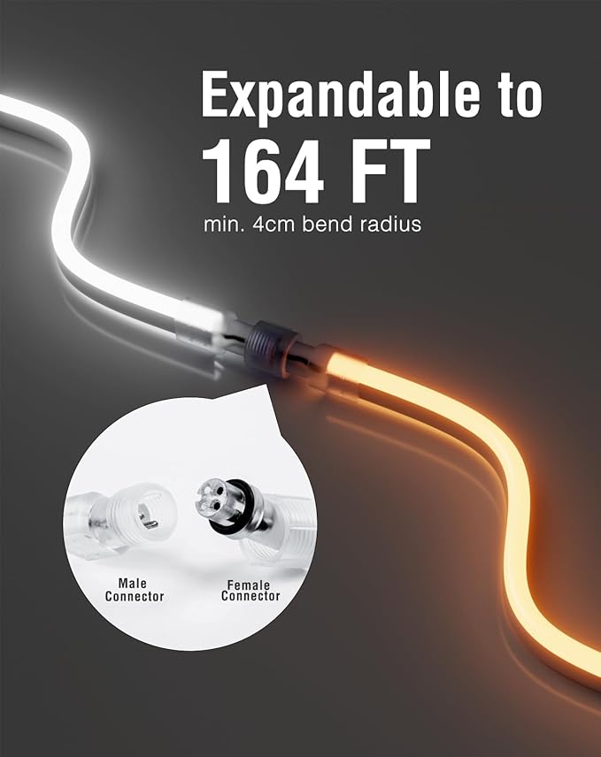 Shine Decor 50FT LED Neon Rope Lights, Bright 2500K Warm White AC110V-120V Neon Strip Light, 8x16mm Cuttable Waterproof SMD2835 120LED/M Indoor Outdoor Light Strips, DIY Ambiance Lighting Decoration