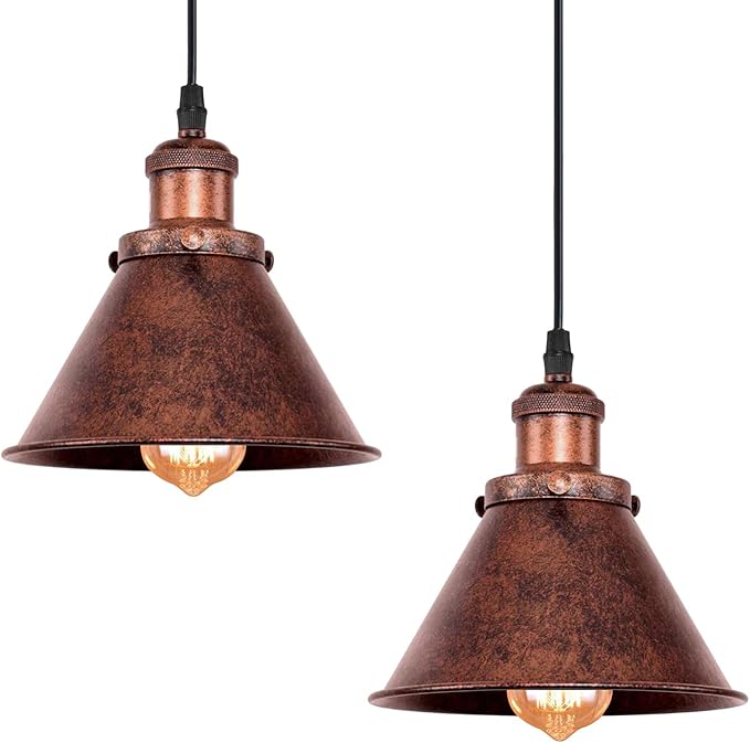 2Pcs Farmhouse Pendant Light Rustic Cone Shade Mounted Fixture Hanging Ceiling Lamp Antique Painted Finish Small Size Light