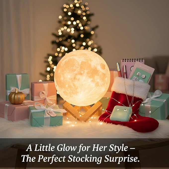 Mydethun 3D Moon Lamp, 9.6' Large Night Light with Wooden Base, Touch-Dimmable & Rechargeable, Gift for Mom, Bedroom, Home Décor, 16 Colors