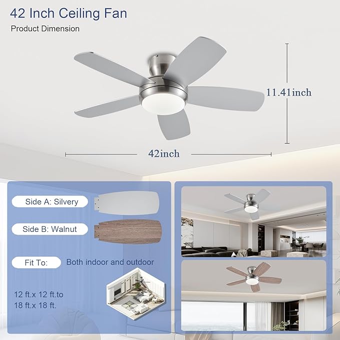 KNUN 42 Inch Ceiling Fan with Light and Remote/App Control, Low Profile Ceiling Fans with Lights,Flush Mount, Double-sided Blades, 3CCT, Dimmable, Noiseless, Nickel Ceiling Fan for Indoor/Outdoor Use