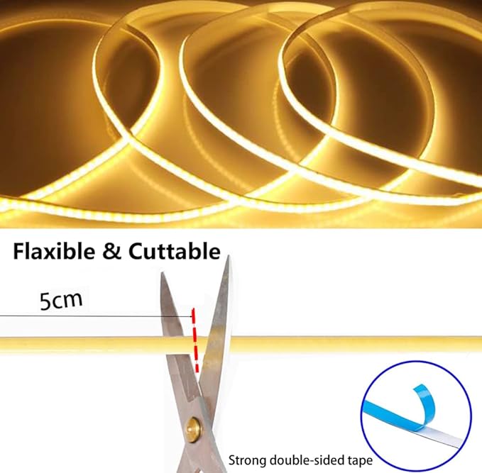 MDee】USB COB Tape Light LED Strip.6.56ft/2m- Flexible 5mm Hidden DC 5V LED Tape with 320 LEDs/m for Warm White (4000K) Lighting. Cuttable, Shapeable, USB Powered. Ideal for Kitchen