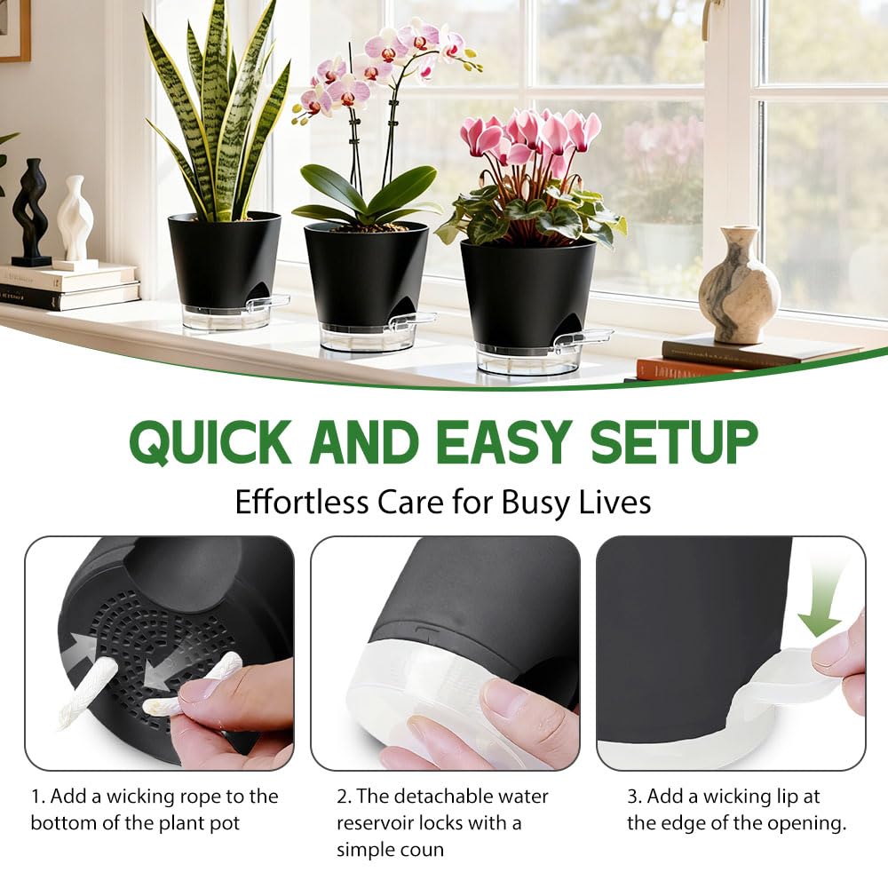 KEETUMOOD Self Watering Pots for Plants, 2026 New Flower Plant Pots with Drainage Holes, Wicking and Clear Reservoirs for Succulent, Aloe, Cacti and Others - 6 Pack (Black, 6")