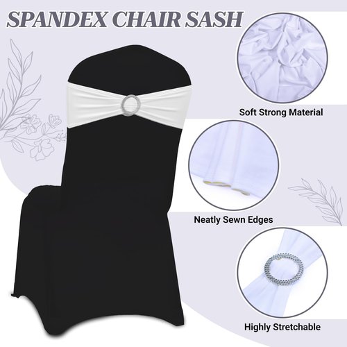 MDS Spandex Chair Sashes - Premium Stretch Covers with Buckle Slider for Weddings & Events | Pack of 25 - White
