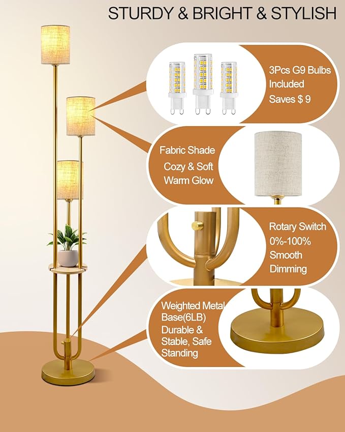 Lightdot 64Inch Floor Lamp with Table Dimmable Gold Floor Lamp for Living Room 3 Lights Mid Century Modern Tall Standing Lamp with Fabric Shade for Bedroom/Sofa Beside/Corner Decor(Bulbs Included)