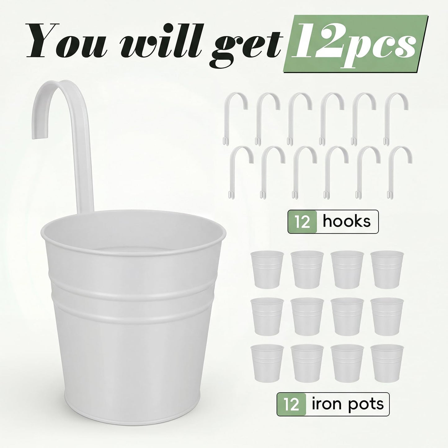 HowRU Hanging Flower Pots, Railing Planter Box for Outdoor Plants 12 Pack 5 Inch Metal Hanging Planters with Detachable Hooks Balcony Window Fence Garden Decoration Flower Boxes, White