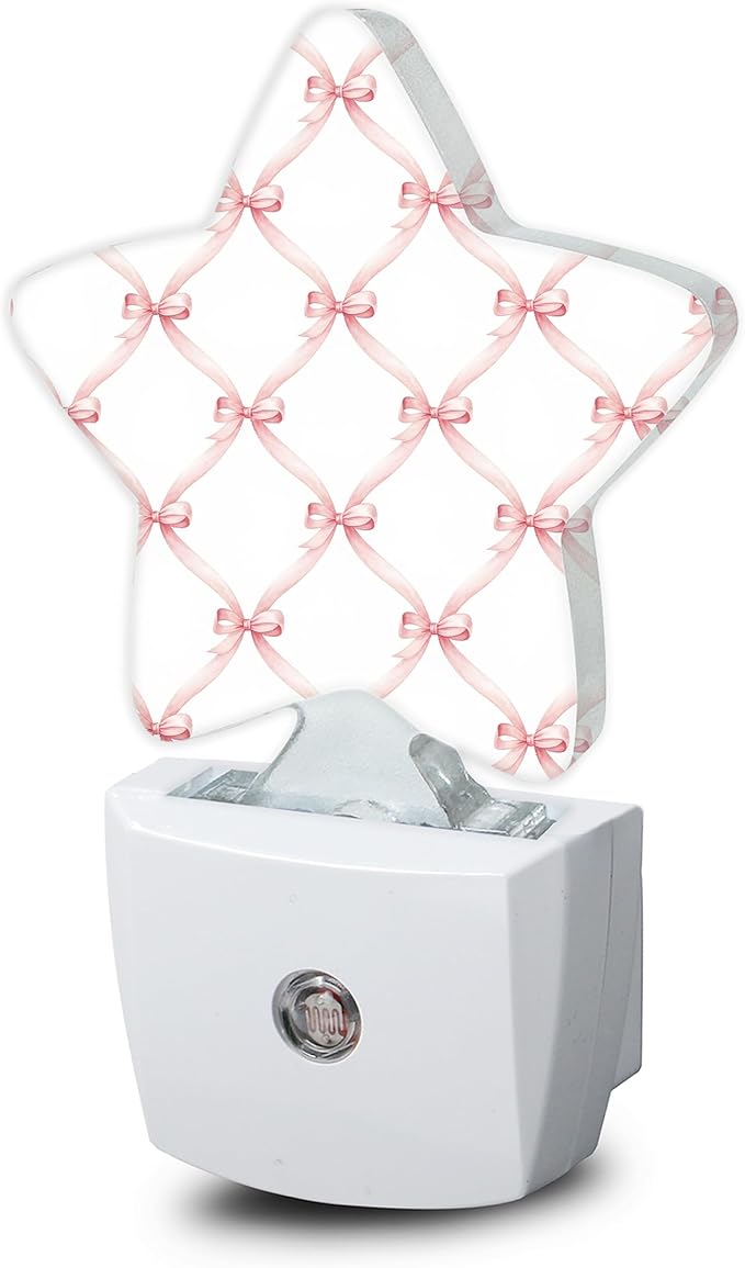 Night Light,Pink Bow Plug into Wall with Dusk to Dawn Light Sensors,Abstract Bows Warm Star Nightlights for Bedroom,Bathroom,Hallway,Kitchen Home Decor Desk Lamp