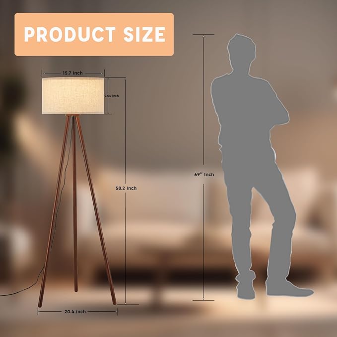 BTP Wood Tripod Floor Lamp for Living Room, 3 Color Temparature Bulb Included, Mid Century Modern Wooden Floor lamp with Linen Shade for Bedroom, Office, ETL Listed Walnut Wood Color