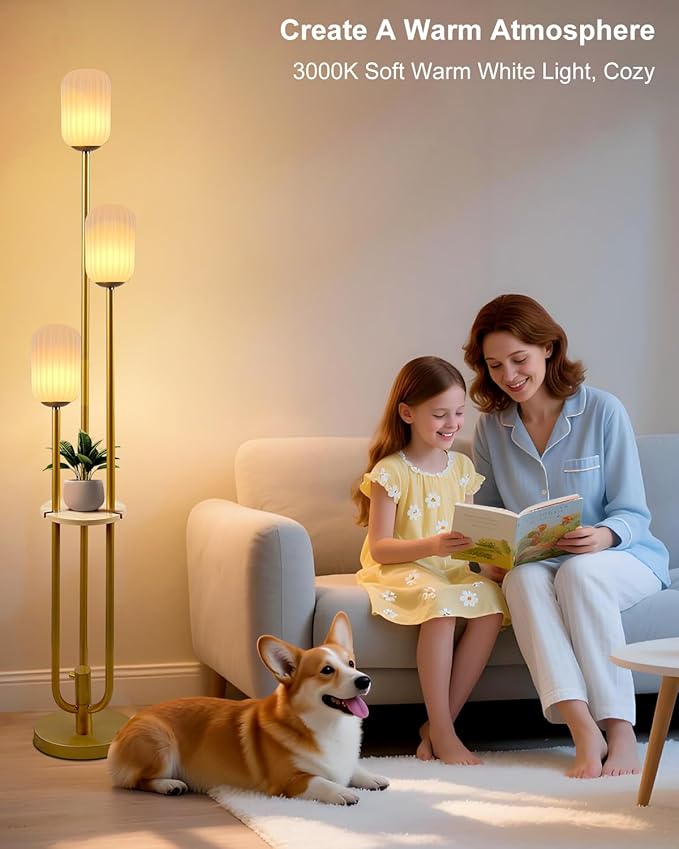 Lightdot Dimmable Floor Lamp with Shelf, Modern Gold Tall Floor Lamps with Oval Striped Lampshade for Wedding/Party, 3000K Bulb Included 3-Lights Standing Lamp for Living Room/Sofa Beside/Corner Decor