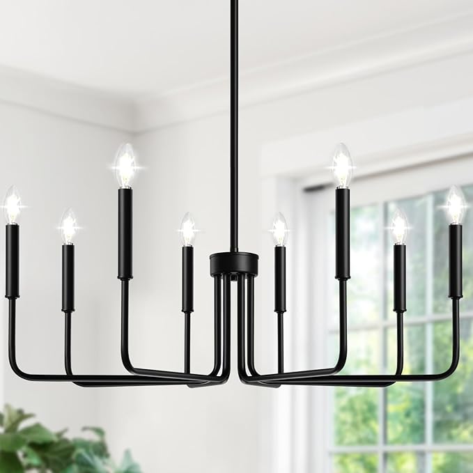Lynnoland Black 8-Light Chandelier, Farmhouse Chandelier for Dining Room Lighting Fixtures Hanging, Vintage Candle Pendant Light Fixtures Chandelier for Bedroom, Foyer and Living Room