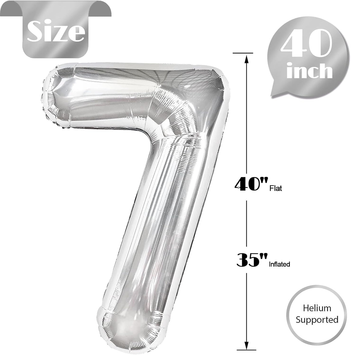 Silver Number 7 Balloon - 40 Inch Giant Foil Decoration for 7th Birthday Party Supplies