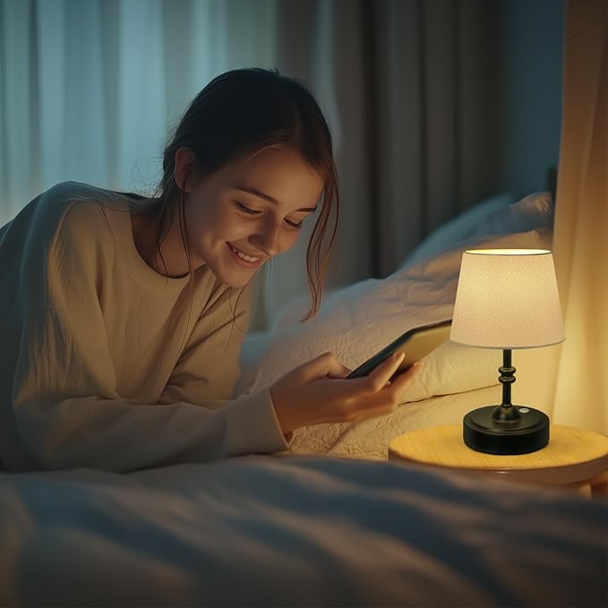 ONEWISH Small Cordless Lamp Dimmable-Battery Operated Table lamp, 4000mAh Rechargeable, Touch Bedside Lamp with White Fabric Shade, 2700K Bulb Included, for Dining, Patio, Bathroom(Black)