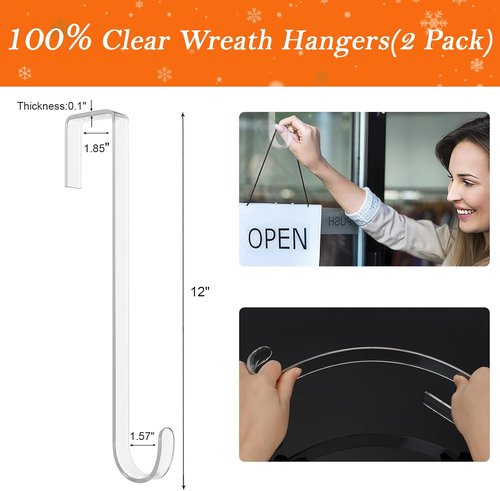 Clear Wreath Hangers by [Brand Name] - 12-Inch Over The Door Hooks, Non-Scratch Design for Seasonal Decor