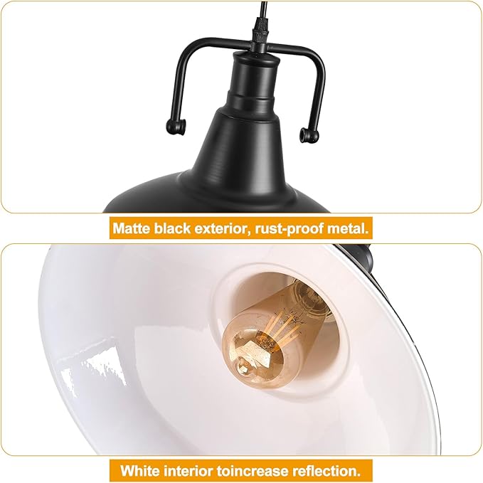 Industrial Farmhouse Pendant Light, 12" Metal Hanging Ceiling Lamp with 5FT Cord for Hallway, Kitchen Island, Sink, Dining Room, Living Room, Bar Counter, Foyer, E26 Socket, Black (Bulb Not Included)