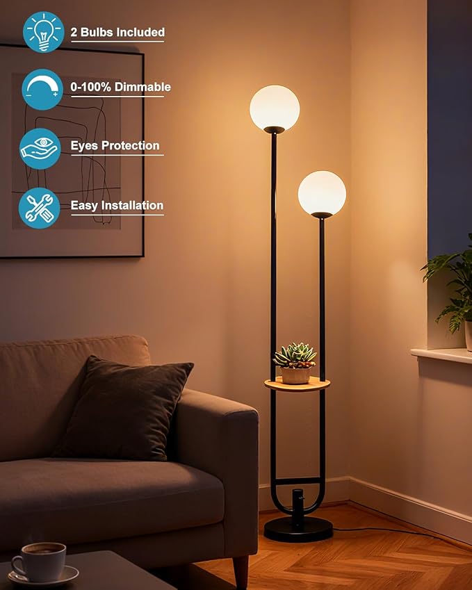 63IN 2-Globe Floor Lamp Dimmable Tall Standing Lamps with Table 3000K Warm White Unique Vintage Modern Mid Century Floor Lamp for Living Room-Black