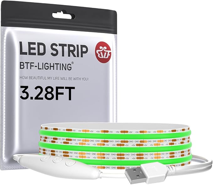 BTF-LIGHTING FCOB COB FOB LED Strip Lights 5V USB Powered 3.28FT 320LEDs Green Color 8mm Width Dimmable CRI 90+ with 3M Tape Flexible High Density for 3D Printer TV Backlight PC DIY Decor