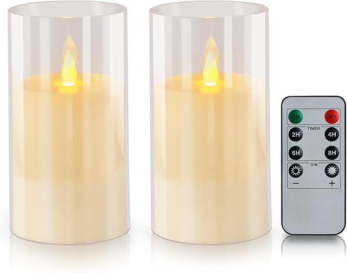 Flameless Candles 4" 5" 6" Set of 2 Acrylic Glass Pillars 3" Diameter Battery Operated Flickering Candles Include 8-Key Remote with Timer Function 400+ Hours (Pure White, 2 Pack)