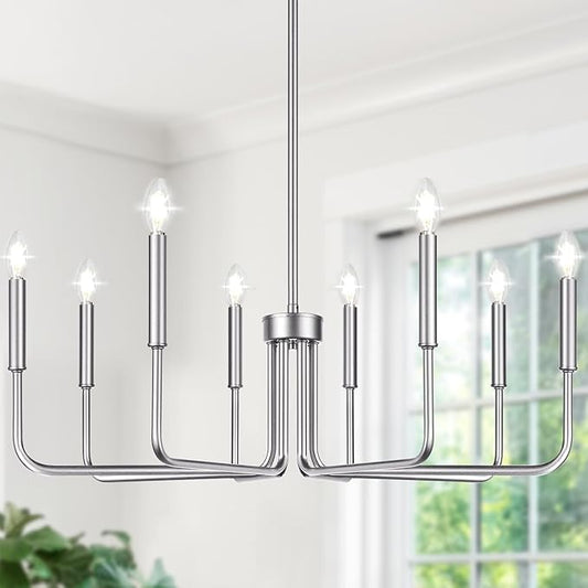 8-Light Farmhouse Chandelier for Dining Room Lighting Fixtures Hanging, Brushed Nickel Dining Light Fixtures Industrial Chandelier for Bedroom, Foyer, Hall, Kitchen, Living Room and Entryway