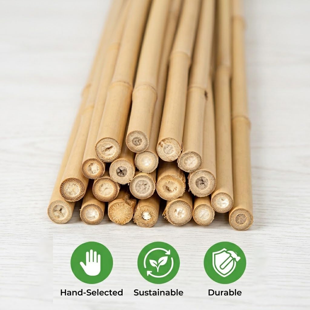 Plant Stakes Natural Bamboo Sticks - 20 Pcs Bamboo Garden Stakes for Plants 4.8 FT Plant Support Sticks with Twist Ties for Tomatoes Beans Flowers Indoor Outdoor Potted Climbing Plants