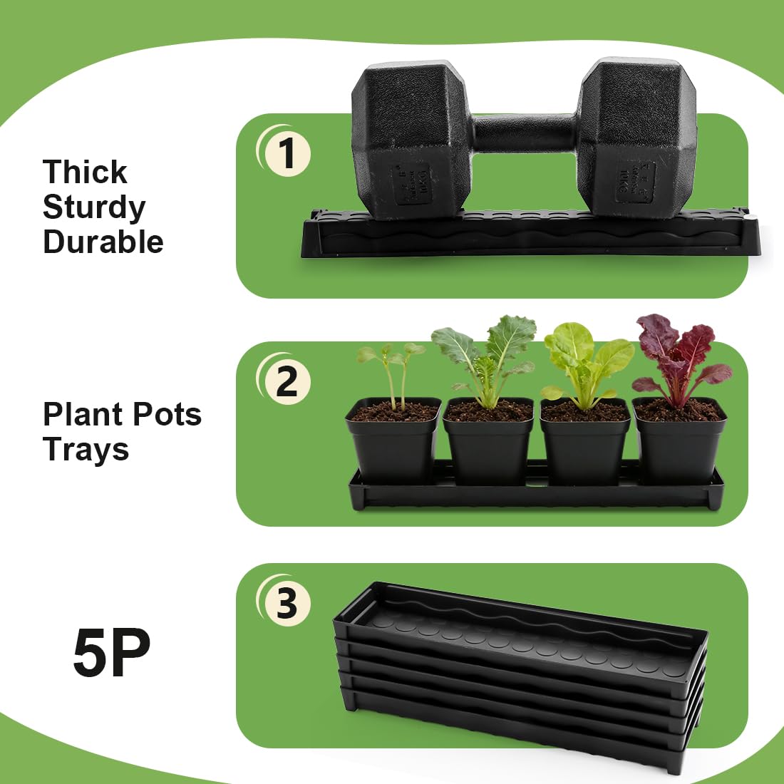 5 Pack Plastic Window Sill Saucer (16"x5.5"x1.5"), Rectangular Windowsill Plant Pot Trays with Removable Drainage Hole, Thick Plant Saucer Tray for 4 inch (10CM) Flower Seedling Pots (Black)