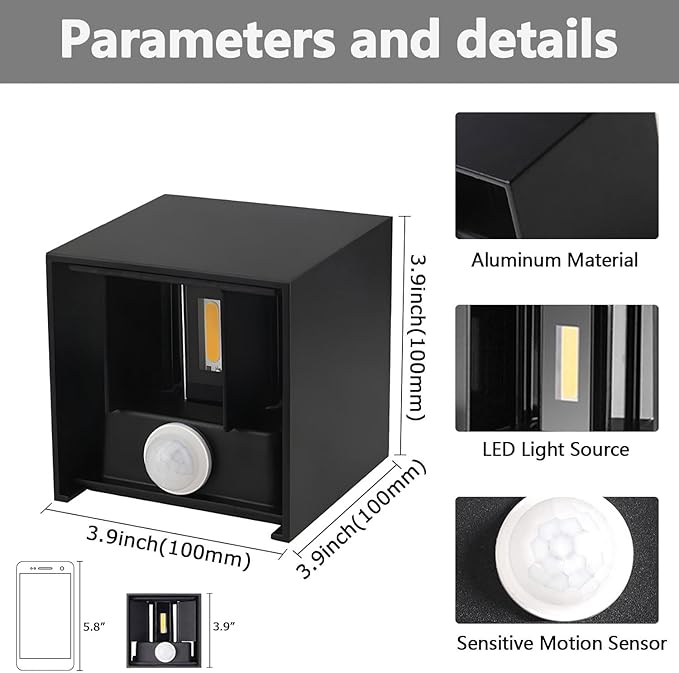 2-Pack Outdoor Wall Lights, Modern Square Up and Down Lights Outdoor Wall Lights IP65 Waterproof Aluminum Sconces with Motion Sensor 10W 3000K LED Outdoor Lighting Fixture for Porch Patio