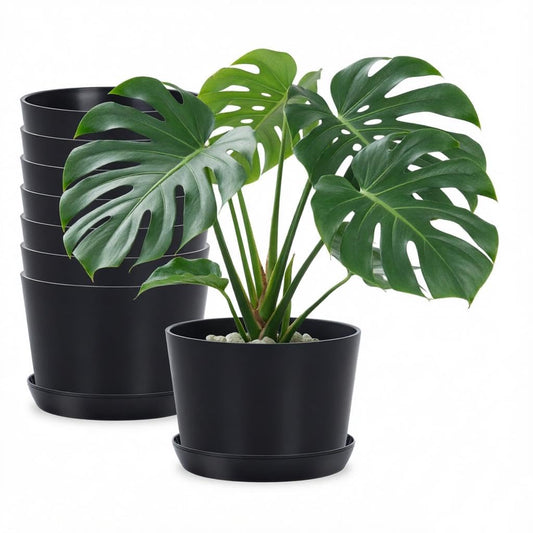 Oliz 4.7 Inch Plastic Plant Pots 8 Pack, Round Classic Planters with Drainage Holes and Saucers for Indoor Outdoor Plants, Perfect for African Violet, Snake Plant, Succulents (Black)