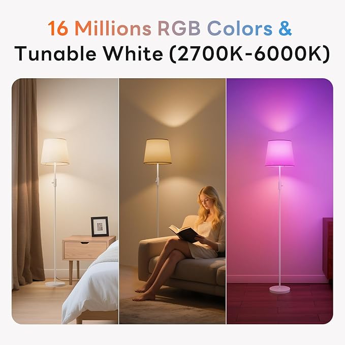 Smart Floor Lamp with RGBCW Color Change Bulb, Compatible with Alexa, Siri, Google Voice & App Control, Standing Lamp with Linen Shade, Tall Lamp for Living Room, Bedroom, Office,White