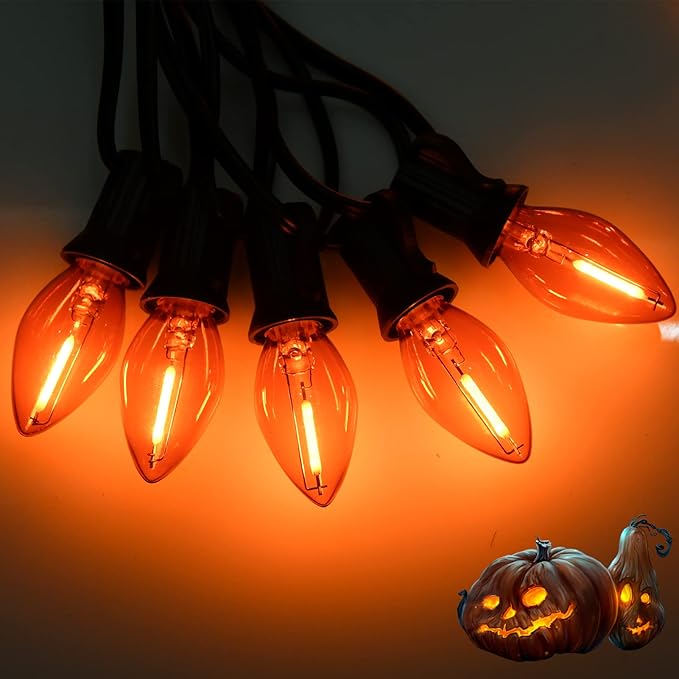 Orange C7 Christmas Lights, 25Ft C7 LED Outdoor String Lights with 27 Clear Orange Bulbs, Hanging Christmas Decorative Lights for Indoor Outdoor Holiday Party Backyard Garden, Black Wire