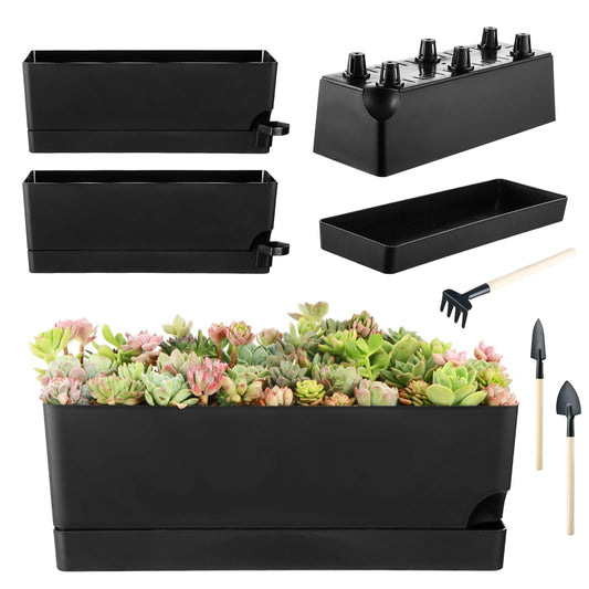 Self Watering Pots for Indoor Plants 17 Inches Window Boxes Planters Rectangular Flower Pots Rectangle Herb Pots Large Plant Pots with Drainage Holes and Saucers Windowsill Planter (4, Black)