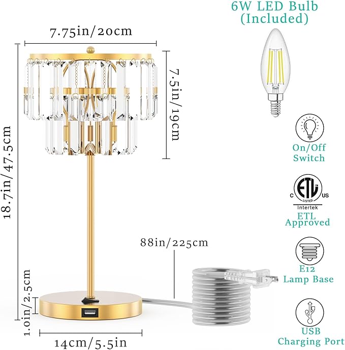 Bedside Lamp for Bedroom, Gold Crystal Table Lamp 18 Inches, Tiffany Clear Crystal Drops, USB Charging Port, E12 Socket, 6W LED Bulb Included, Golden Decorative Desk Light(1 Pack, Brass Finish)