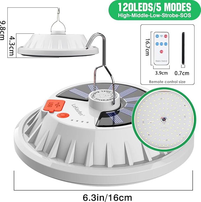 Solar Camping Lanterns Remote Tent Light - 4000LM Portable LED Camping Light Hanging Waterproof USB Rechargeable Lantern for Camping, Hiking, Power Failure, Hurricane (120 LEDs)