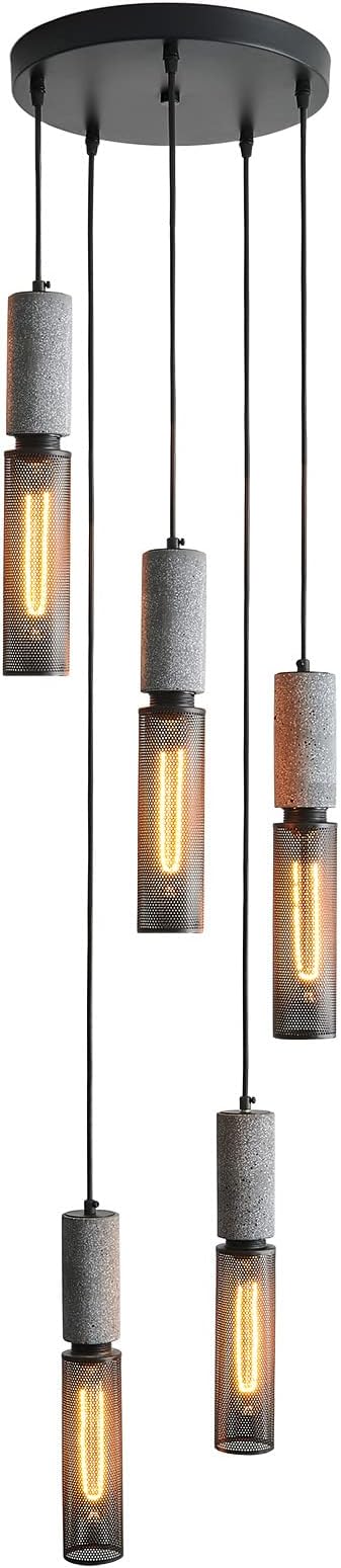5-Light Concrete Linear Pendant Light with a Metal Mesh Shade,Modern Industrial Hanging Cement Pendant Lighting for Kitchen Island Bedroom Living Room Dining Room Light Fixture