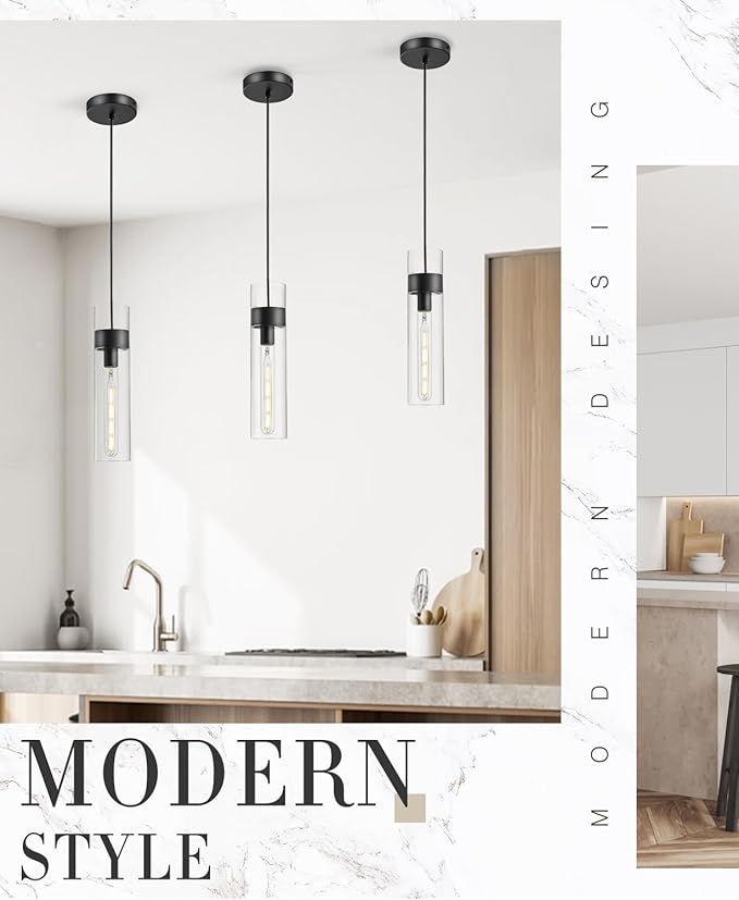 2 Pack Black Pendant Lights Kitchen Island (Bulbs Included), Adjustable Modern Glass Pendant Light Over Island, Industrial Pendant Light Fixtures for Dining Room Hallway Bedroom Living Room