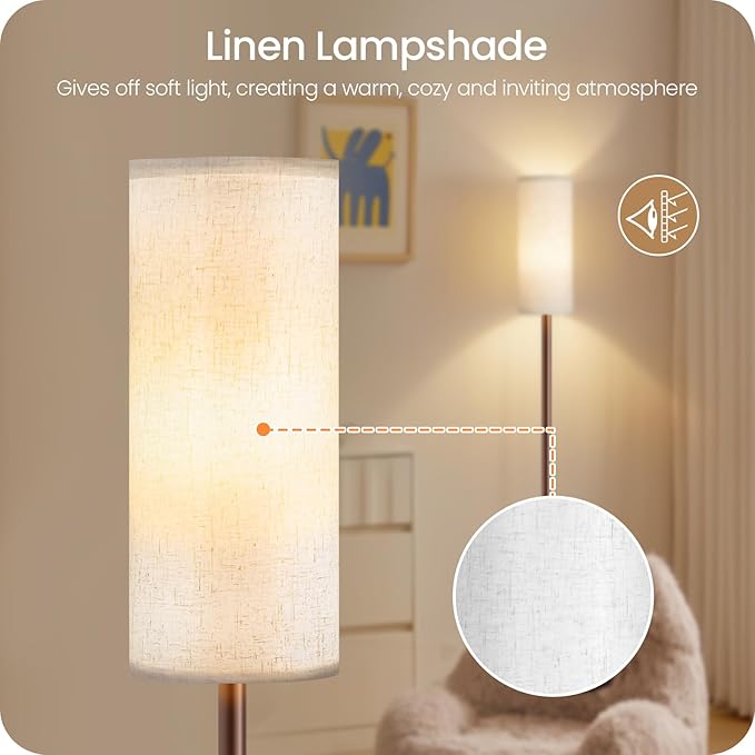 Dimmable Floor Lamps for Living Room with Remote and Foot Switch, 64.4” Modern Standing Tall Lamp, Corner Lamp for Bedroom, Office, Bulb Included, 3000K-6500K, Beige and Brown VW06LD05W1