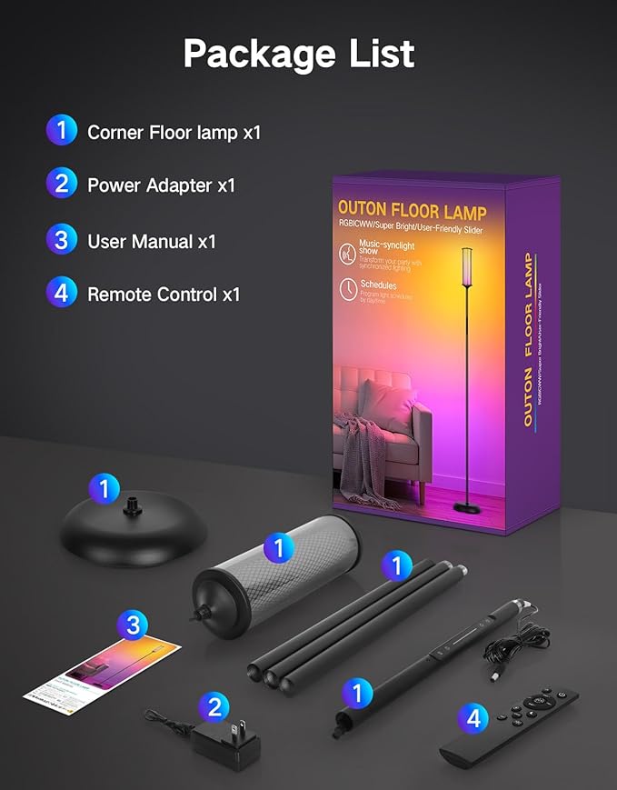 OUTON Corner Floor Lamp with Remote, Touch & App Control, RGB Color Changing Standing Lamp with 32 Modes, 360 Lighting, 3 Color Temperatures, Dimmable 66 in Tall Lamp for Living Room,Black & Glass