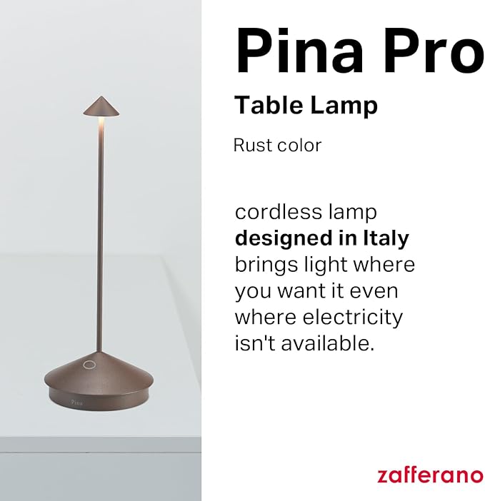 Zafferano, Pina Pro Lamp, Rechargeable Cordless Table Lamp with Touch Controls, Suitable for Indoor and Outdoor, Dimmer, 2200-3000 K, Height 11.4 Inches, Rust Color