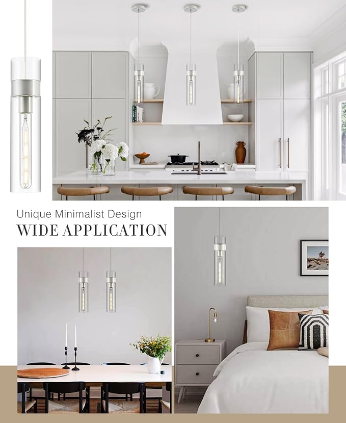 3 Pack Pendant Lights Kitchen Island (Bulbs Included), Brushed Nickel Adjustable Modern Glass Pendant Light Over Island, Industrial Pendant Light Fixtures for Dining Room Hallway Bedroom Living Room