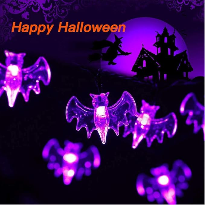 Halloween Solar String Lights, 21.3 Ft 30 LED Purple Bat LED Lights IP65 Waterproof for Halloween Outdoor Indoor Party Decor, Patio, Lawn, Garden, Yard