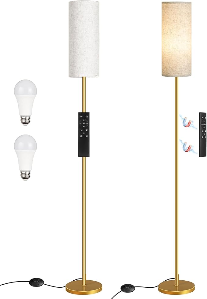 Set of 2 Dimmable Floor Lamps for Living Room with 2 Remotes and Foot Switch, Modern Standing Tall Lamp, Corner Lamp for Bedroom, Bulb Included, 3000K-6500K, Beige and Gold DE06LDP205W1